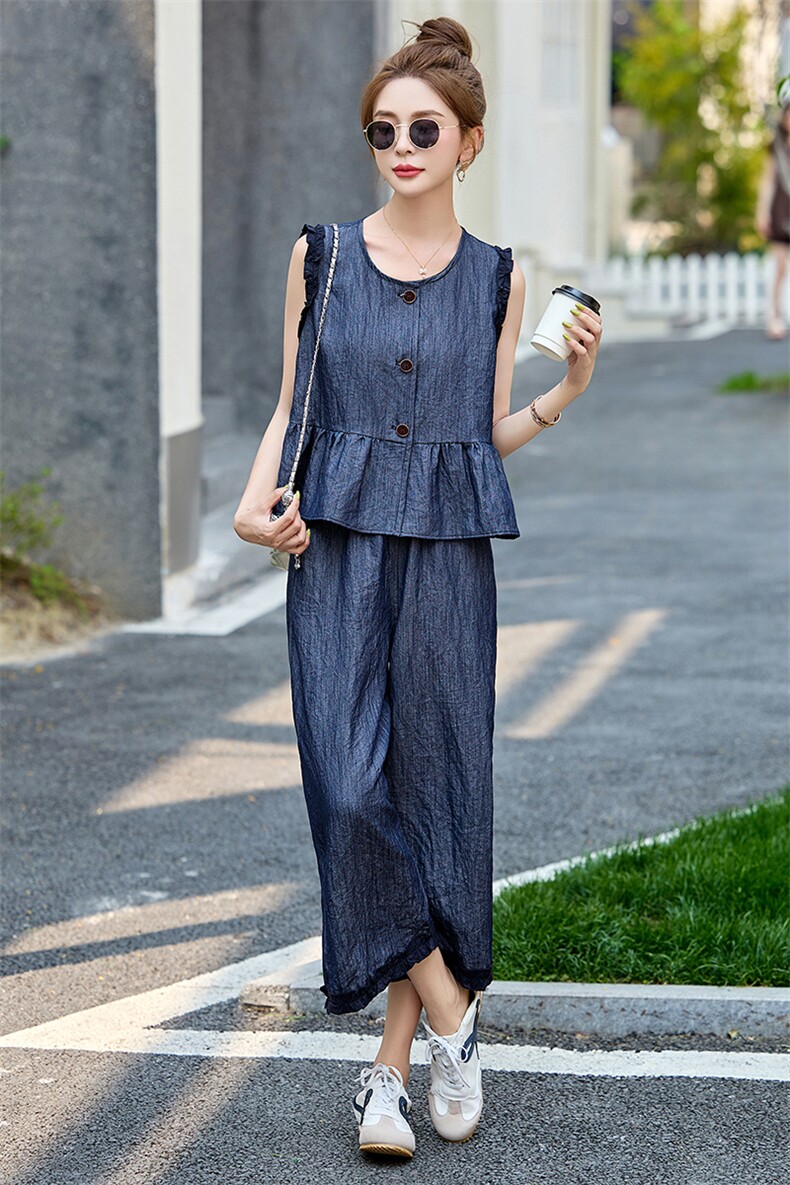 休闲牛仔背心马甲阔腿裤两件套女2025夏新款小个子超好看减龄套装,女装套装/套裙,依如秀(原杭风阁)
