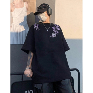 高街花卉刺绣t恤男装2025新款夏季宽松情侣款短袖上衣 T8043图片