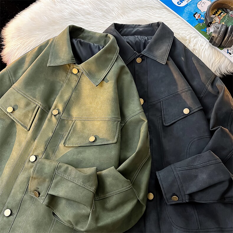 复古皮衣男宽松秋季翻领夹克休闲外套潮青年A266-PY009-P100控168，男装夹克，电商A266