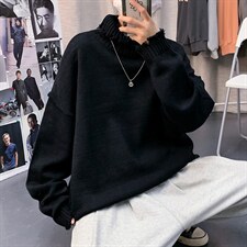 2021秋冬季嘻哈纯色高领破洞个性毛衣宽松翻领针织现货M023-P35，男装针织衫/毛衣，星座512-4