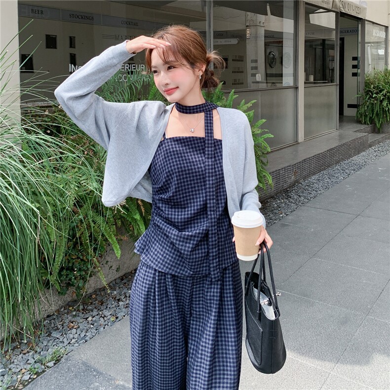 洋气时髦设计感复古格纹套装女2026春夏新款开衫吊带阔腿裤三件套,女装套装/套裙,艾米莉亚