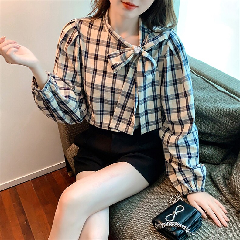 春季长袖内搭纯棉衬衣蝴蝶结格子衬衫小众上衣图片