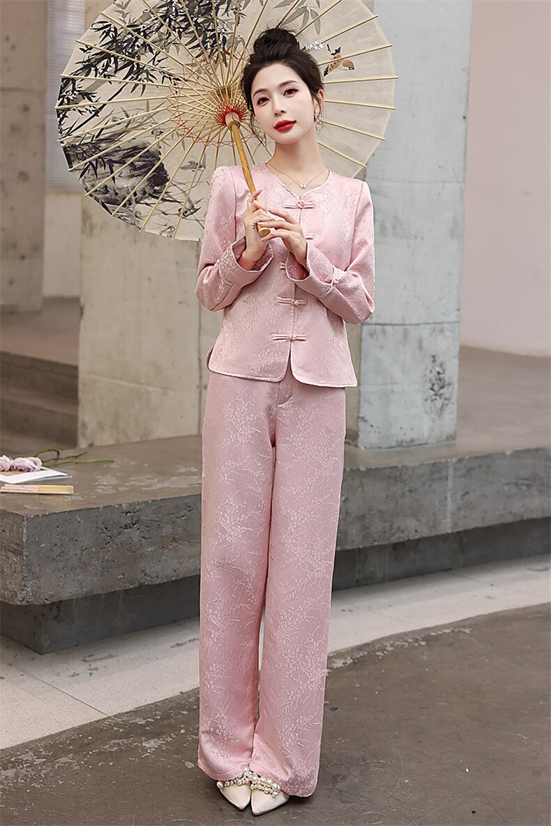 新中式国风套装女2024春秋新款禅意茶服复古盘扣唐装阔腿裤两件套,女装套装/套裙,韩美纤衣