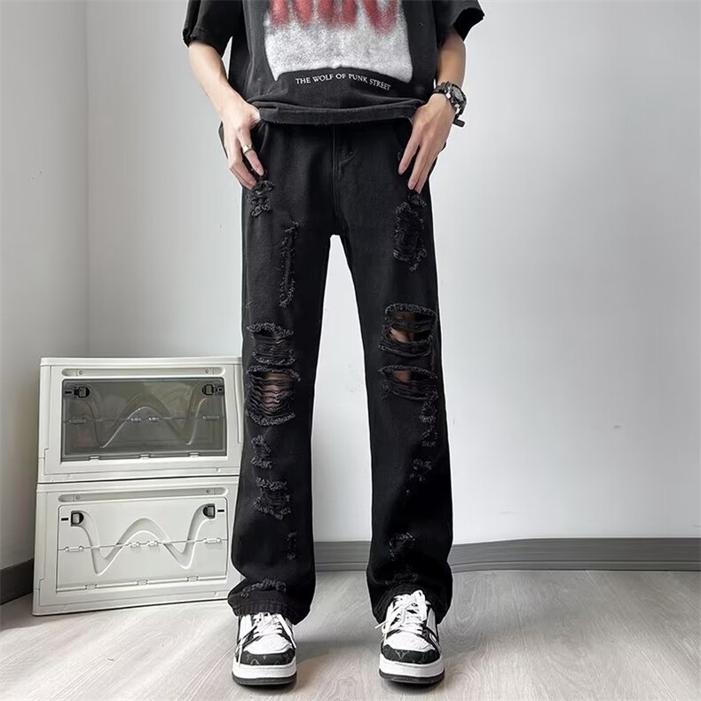 美式vibe风裤子高街潮牌黄泥染水洗破洞牛仔裤男复古街头阔腿长裤，男装牛仔裤，星座506A