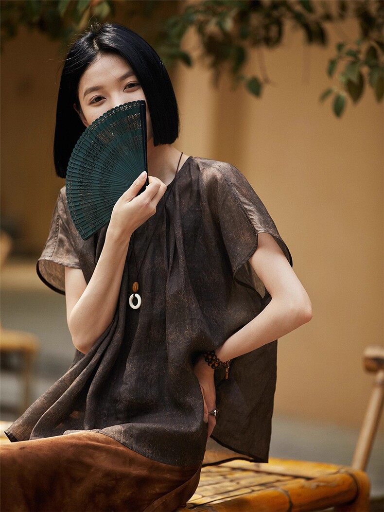 佛系裸感衣轻如蝉翼圆领短袖衬衫女2025年夏季新品,女装衬衫,梦白服饰厂