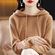 连帽纯色羊毛衫女2025春秋新款修身内搭长袖打底针织毛衣，女装羊毛衫，桦兴羊绒