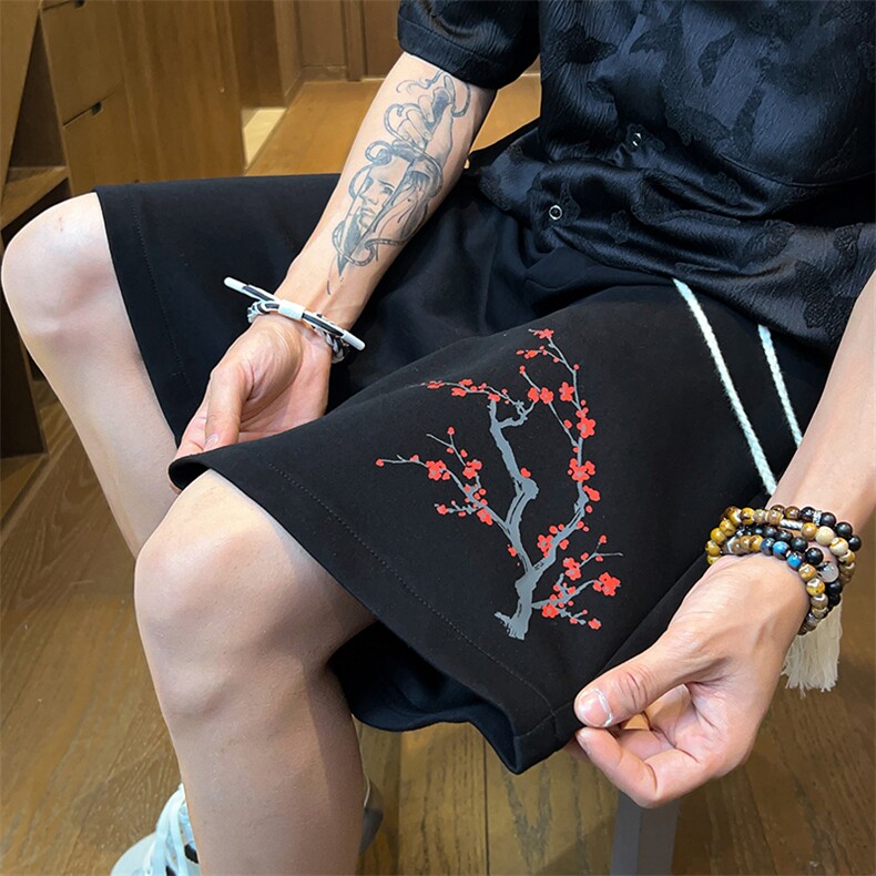 新中式高街ins小众梅花hiphop五分休闲短裤运动裤《图案以注册》,男装休闲裤,电商A063