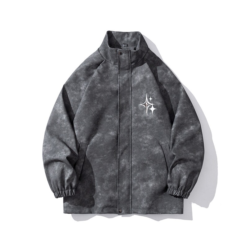 白底PU皮复古做旧可拆卸四芒星胸针大码M-5XL夹克JK77757P90控128,男装夹克,星座227-7
