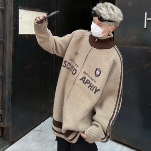 HY9819-P68 美式复古立领毛衣外套男秋冬宽松慵懒风针织拉链开衫图片