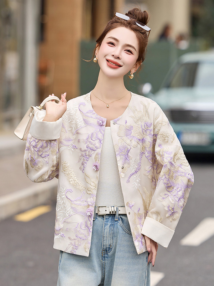 2025春夏季新款紫色重工刺绣提花蕾丝防晒衣新中式国风短款外套女,女装短外套,伊仟回