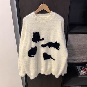 猫咪提花马海毛毛衣秋冬季软糯美式复古高级感针织衫M5225-P50图片