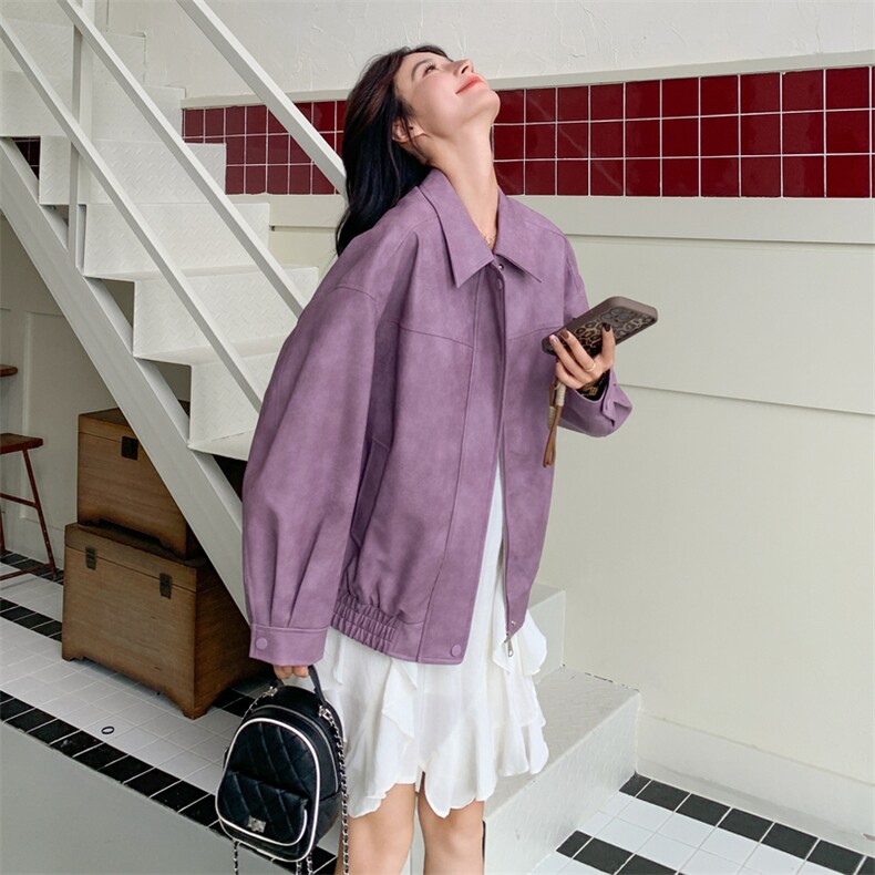 时髦复古翻领紫色皮衣外套女2025新款秋季甜美洋气减龄超火PU夹克,女装短外套,2C198