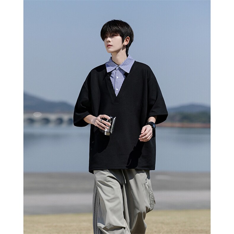 M-8XL假两件衬衫领短袖T恤大码格子拼接翻领半袖POLO衫DX1213/P48，男装Polo衫，电商B238