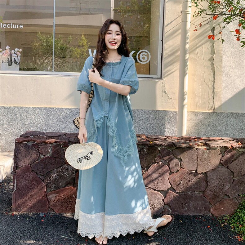 复古蓝色衬衫套装女2025夏新款棉麻宽松时尚蕾丝拼接阔腿裤两件套,女装套装/套裙,2C211