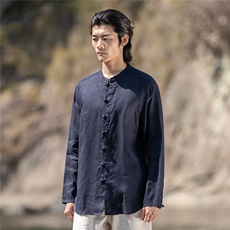 纯亚麻夏季薄款宽松长袖上衣风复古唐装盘扣衬衫男CS03，男装衬衫，星座704A（原B229A）