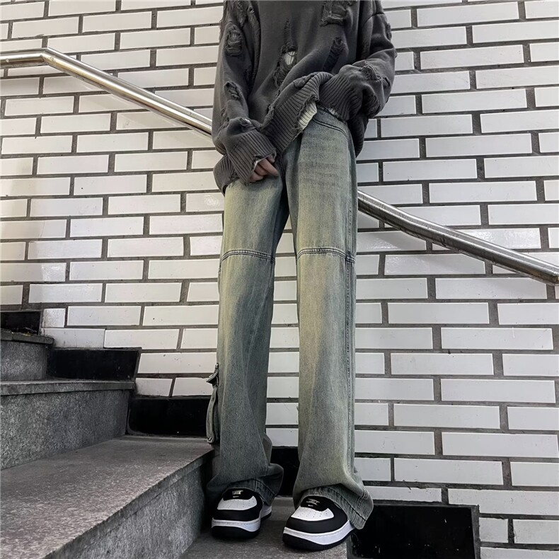 美式工装牛仔裤男黄泥染宽松直筒阔腿裤重工牛仔裤TN080-P50,男装牛仔裤,星座1001-1