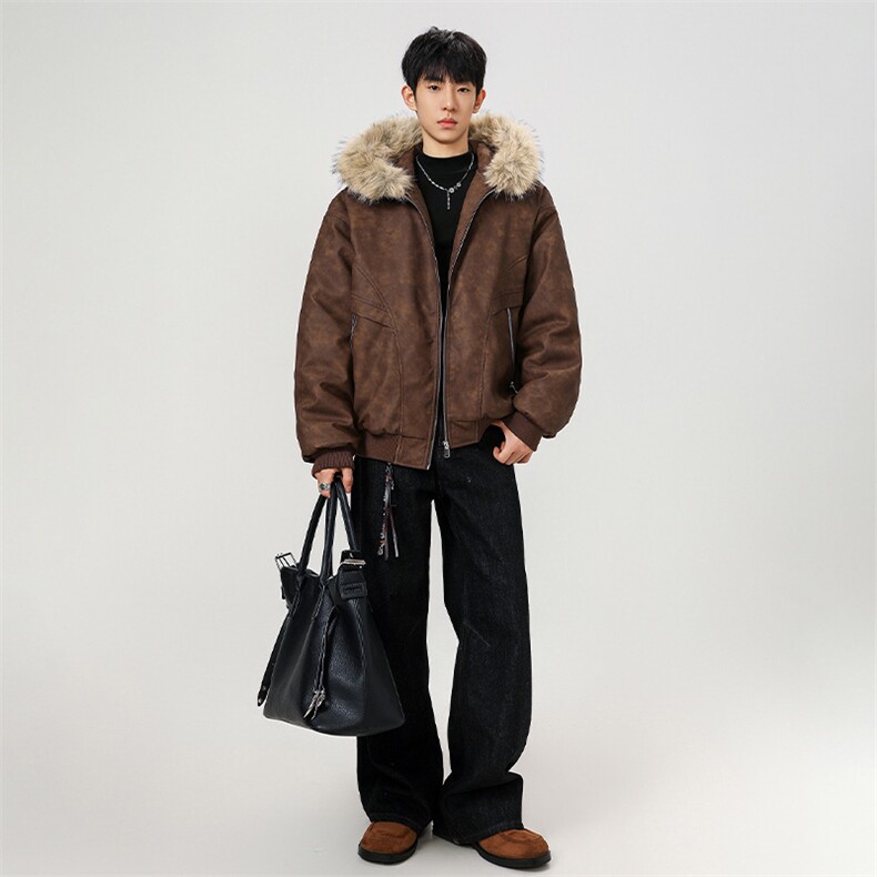 现货扎染PU皮棉服男冬季加厚连帽棉衣座山雕大毛领外套M090-P120,男装棉衣,星座308B-2