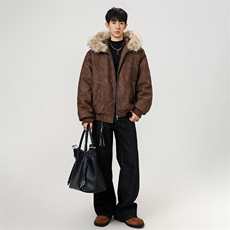现货扎染PU皮棉服男冬季加厚连帽棉衣座山雕大毛领外套M090-P120，男装棉衣，星座308B-2