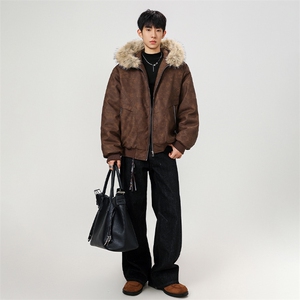 现货 扎染PU皮棉服男冬季加厚连帽棉衣座山雕大毛领外套M090-P120图片
