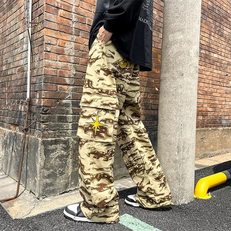 迷彩工装裤男秋季新款小众痞帅百搭宽松直筒阔腿休闲长裤MC35-P48,男装休闲裤,星座1008
