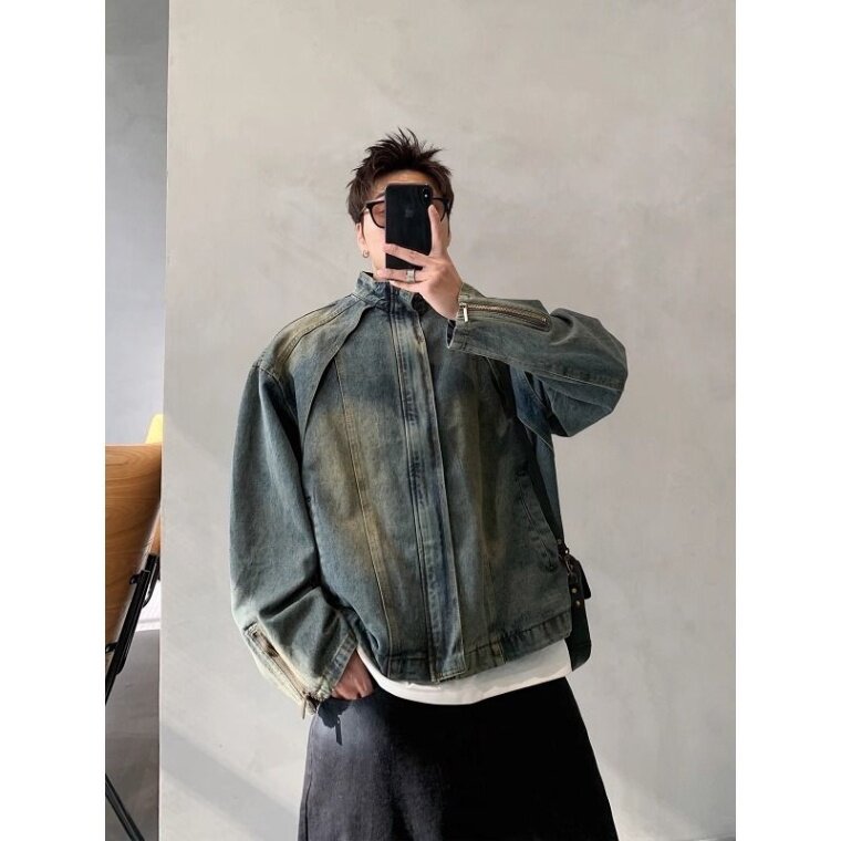 1506-1/JJK031/P75美式复古解构水洗做旧黄泥染立领牛仔外套男春,男装工装外套,星座1506-1
