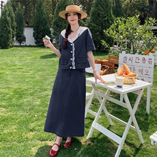 超火度假风穿搭蕾丝连帽花边牛仔上衣配半身裙女夏2025新款两件套，女装套装/套裙，2C133