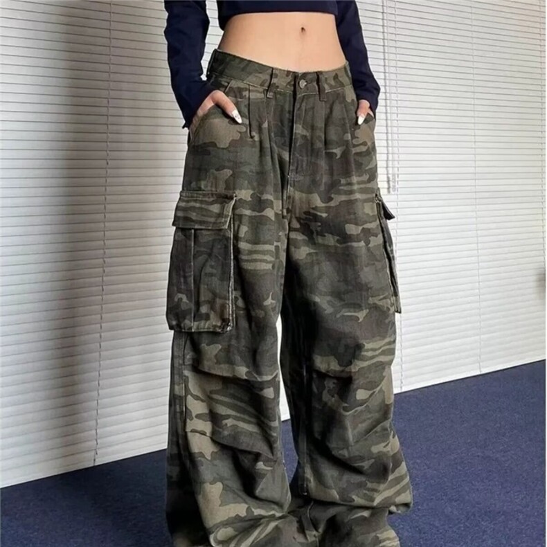 T09-P47美式复古褶皱多口袋迷彩工装牛仔裤女高街潮牌显瘦,男装牛仔裤,电商B323A