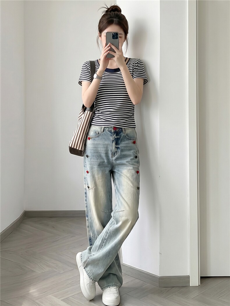 洋气时髦休闲时尚套装女夏新款圆领条纹短袖上衣直筒牛仔裤两件套,女装套装/套裙,江南