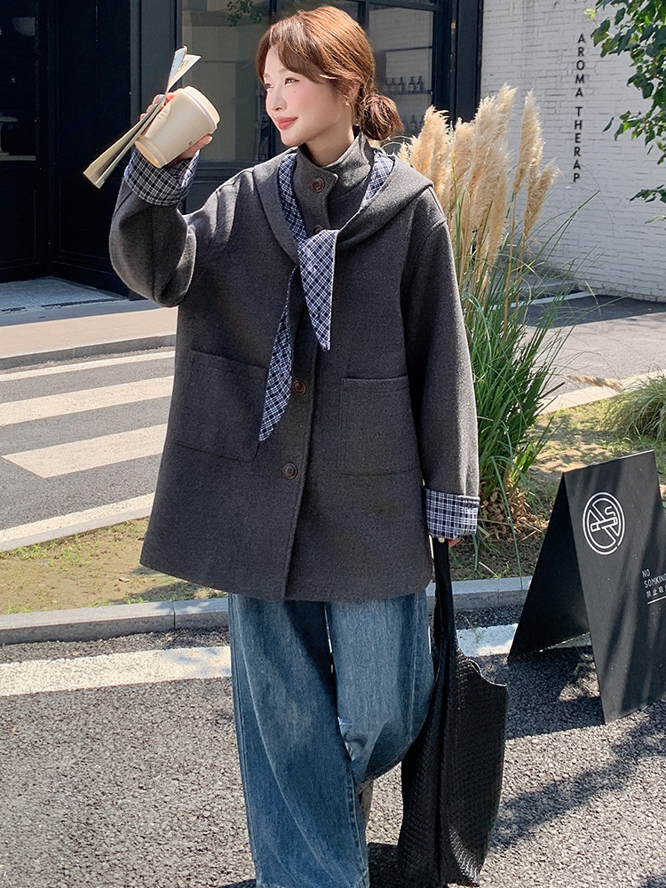 韩系格子拼接毛呢外套女2025冬季宽松显瘦中长款大衣,女装毛呢外套,纯色衣恋