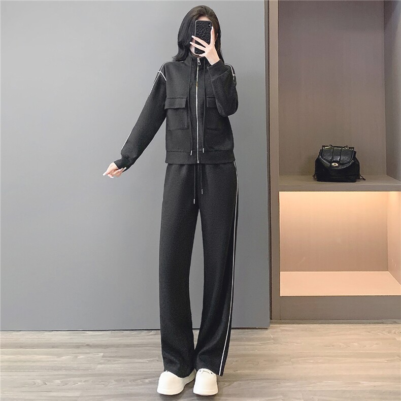 韩版休闲运动套装秋季新款女时尚减龄灰色立领卫衣直筒长裤两件套,女装套装/套裙,2C310