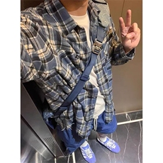 蓝色格子衬衫男女款秋冬季2024新款宽松休闲长袖百搭衬衣复古外套，男装衬衫，星座506A