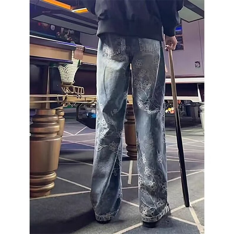 美式高街vibe提花牛仔裤男秋季潮牌水洗直筒休闲裤宽松痞帅微喇裤,男装牛仔裤,星座506A