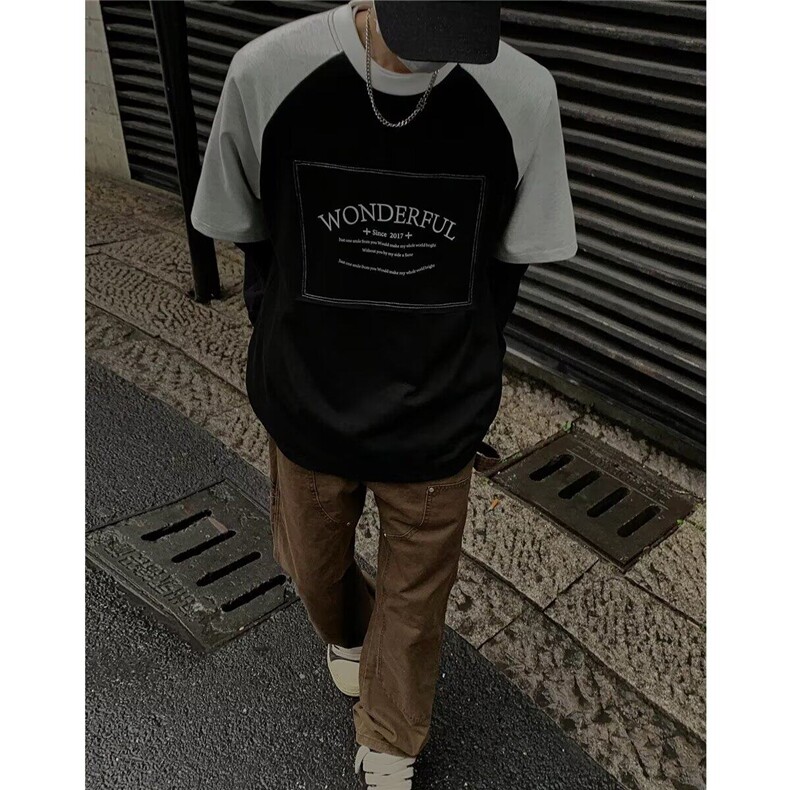 Q325-P35夏季撞色拼接短袖字母印花上衣港风个性T恤男女同款,男装T恤,星座911-1