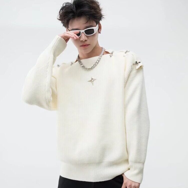 【005】金属卡扣露肩内搭毛衣男宽松鹿毛绒打底衫潮A079-MC65-P61,男装T恤,电商A079