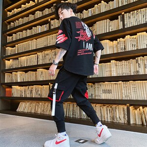 2023夏季男士新款运动休闲短袖套装印花短袖T恤男装F168P75图片