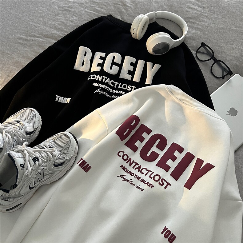 港风平铺美式复古发泡字母印花圆领宽松百搭卫衣外套男D323P48，女装短外套，电商A335-1（原A458）