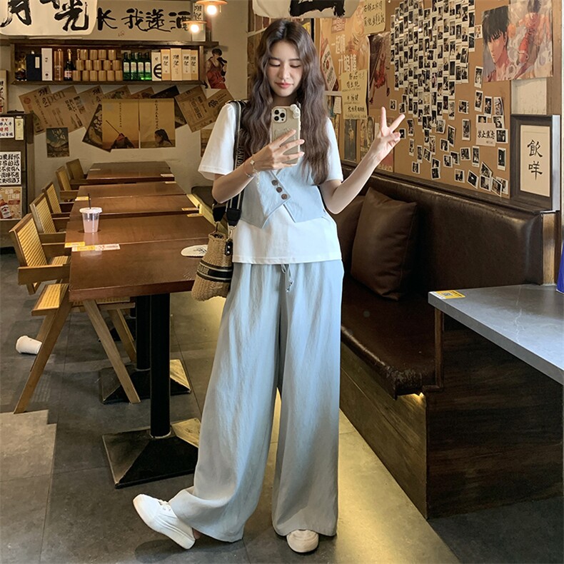休闲浅蓝色假两件短袖T恤阔腿裤套装女夏2025新款爆款显瘦两件套,女装套装/套裙,浪娴服饰