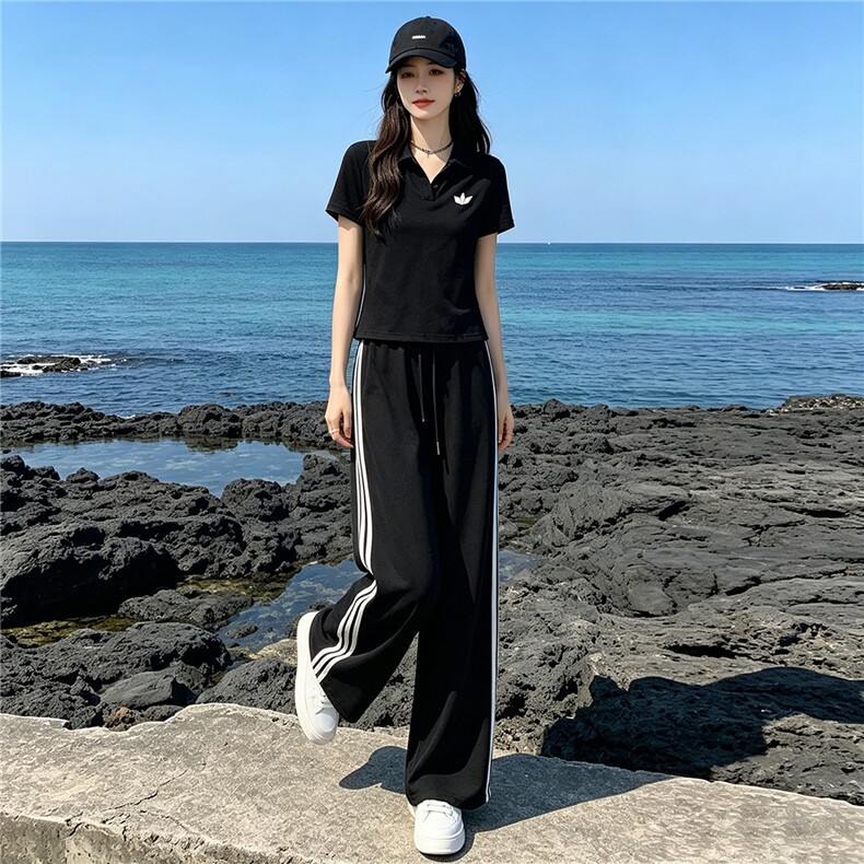 韩系穿搭一整套时尚套装女夏季新款撞色拼接半开领上衣长裤两件套,女装套装/套裙,江南