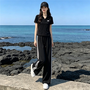 韩系穿搭一整套时尚套装女夏季新款撞色拼接半开领上衣长裤两件套图片