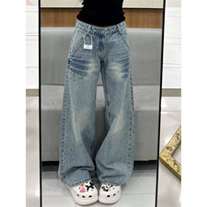 美式高街vibe风水洗宽松牛仔裤男女cleanfit直筒微喇裤L8199-p48，男装牛仔裤，星座1008