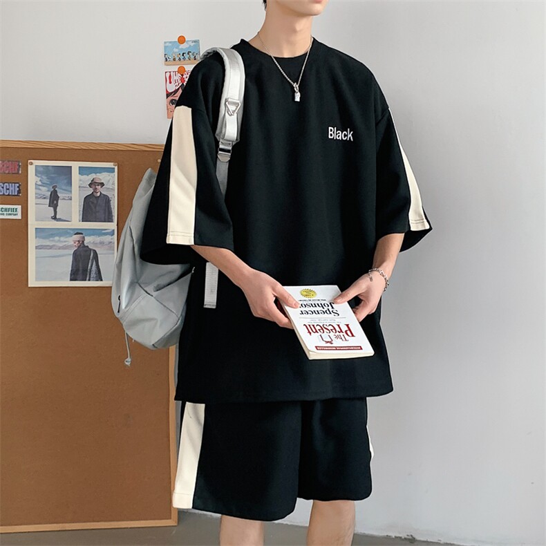 2026夏装华夫格拼接绣花休闲运动套装五分短裤TZ808/P65黑色,男装休闲套装,电商A094
