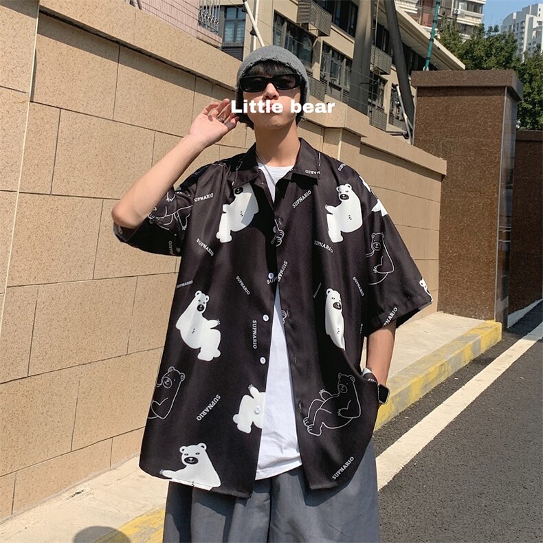 2021日系宽松半袖垂感翻领夏衬衫印花短袖帅气流行衬衣W707-P30,男装衬衫,星座512-2