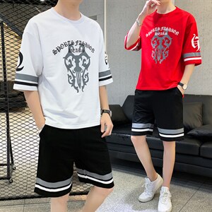 夏季潮牌青少年运动休闲T恤两件套宽松短袖短裤套装男F67P58