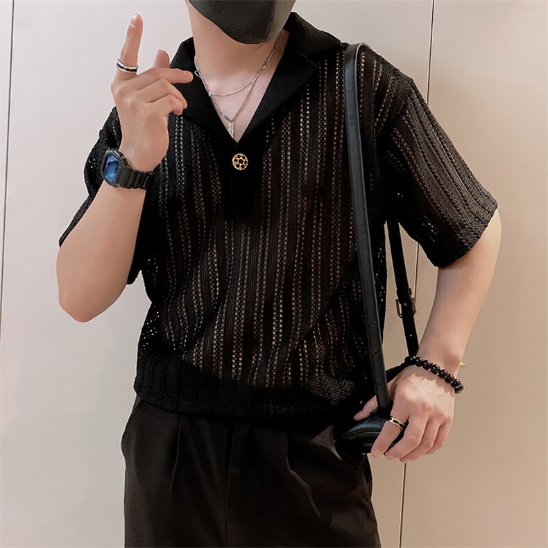 8951/P48控68夏季小伙痞帅镂空薄款V领透气t恤短袖男款上衣黑首2,男装T恤,星座305B