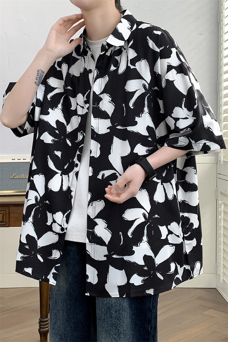 精品花衬衫男短袖夏季痞帅休闲上衣服外套翻领大码衬衣男A012/P35,男装衬衫,电商A012