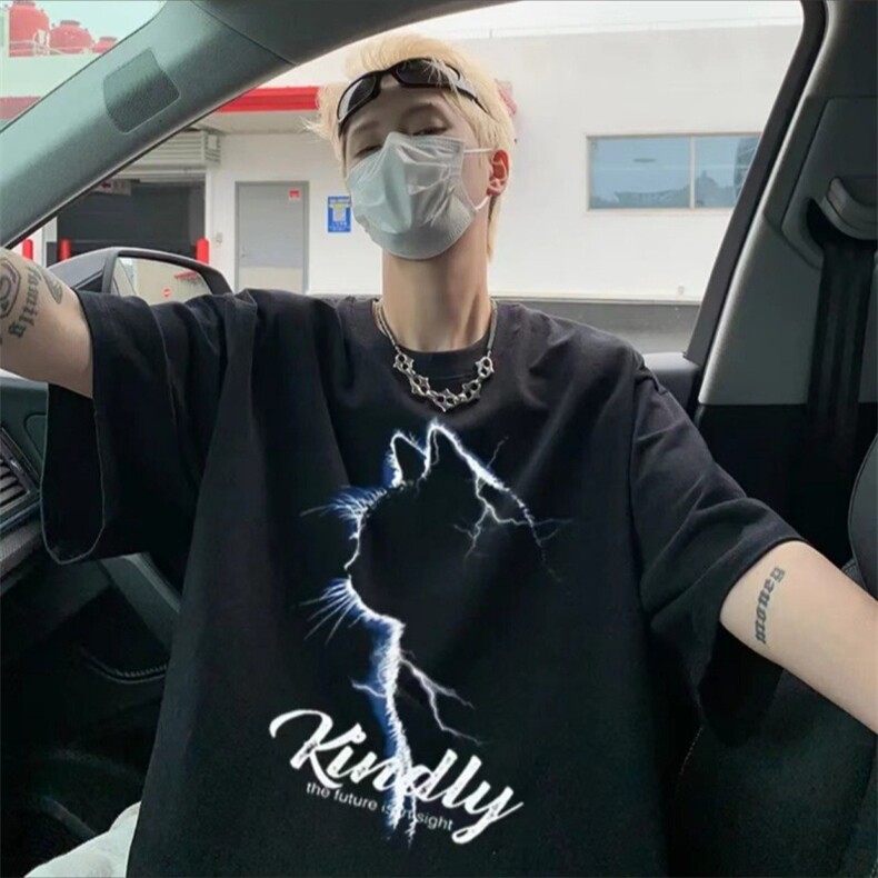 纯棉260g紧密赛络纺猫咪侧影印花t恤男女中性ins半袖t恤潮牌，男装T恤，星座715-4