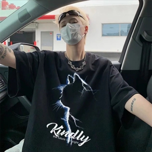 纯棉260g紧密赛络纺猫咪侧影印花t恤男女中性ins半袖t恤潮牌，男装T恤，星座715-4