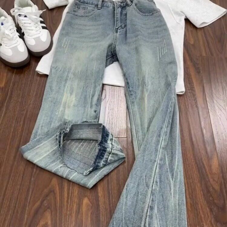 1506/QB1760/P48美式复古水洗蓝色牛仔潮牌直筒阔腿微喇裤子,男装休闲裤,星座1506