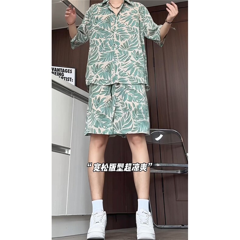 短袖衬衫男+短裤男套装男100%聚酯纤维M-5XL大码TZ78707P50控98,男装休闲套装,星座226-1