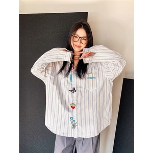 味复古高街刺绣条纹衬衫女2025春季新款设计感别致长袖上衣外套图片